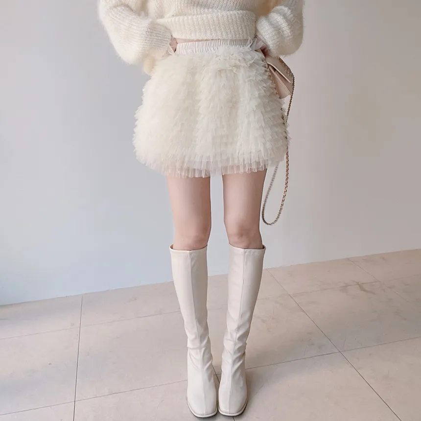 チュールフリルティアードウエストゴムミニスカート | mirangmirang | 詳細画像3