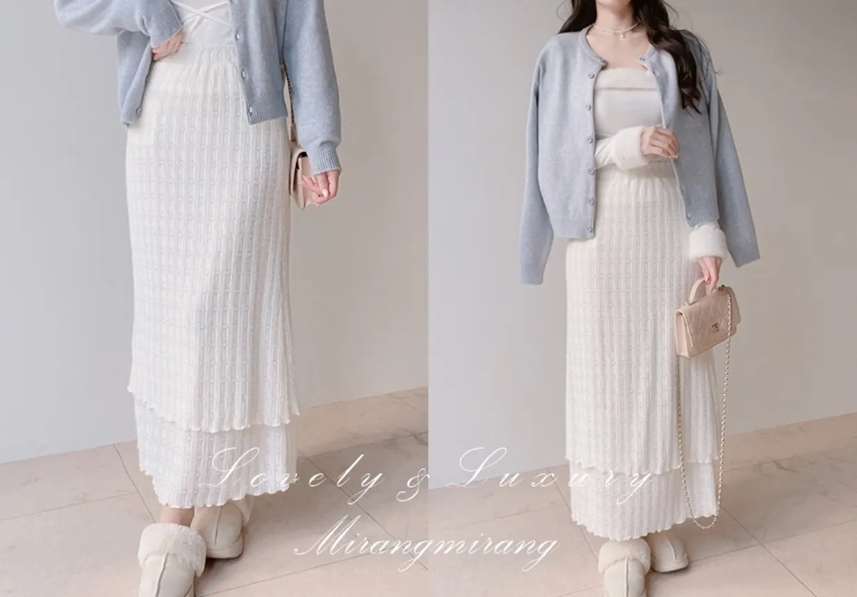 ニットロングウエストゴムハート刺繍スカート | mirangmirang | 詳細画像1