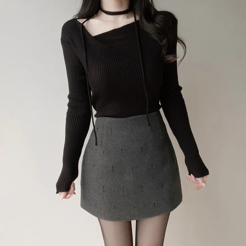 リブウール混ボートネックスリムニットストラップ付 | mirangmirang | 詳細画像56