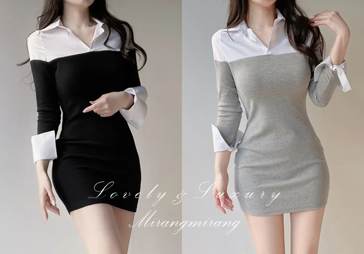 レイヤード風ミニカラースリム配色ワンピース | mirangmirang | 詳細画像1