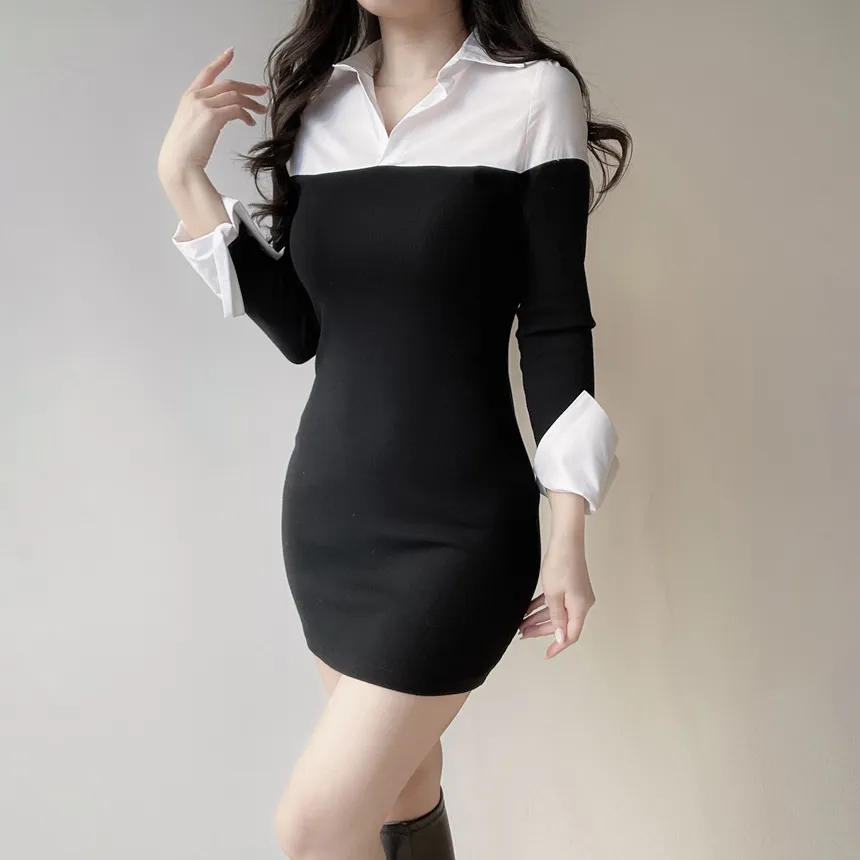 レイヤード風ミニカラースリム配色ワンピース | mirangmirang | 詳細画像8