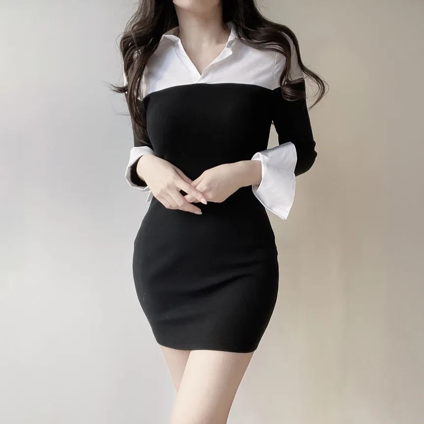 レイヤード風ミニカラースリム配色ワンピース | mirangmirang | 詳細画像9