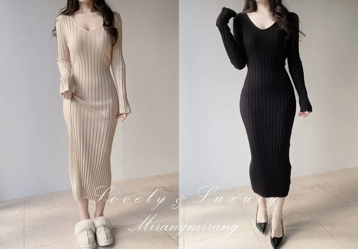 リブVネックロングバックリボンスリム | mirangmirang | 詳細画像1