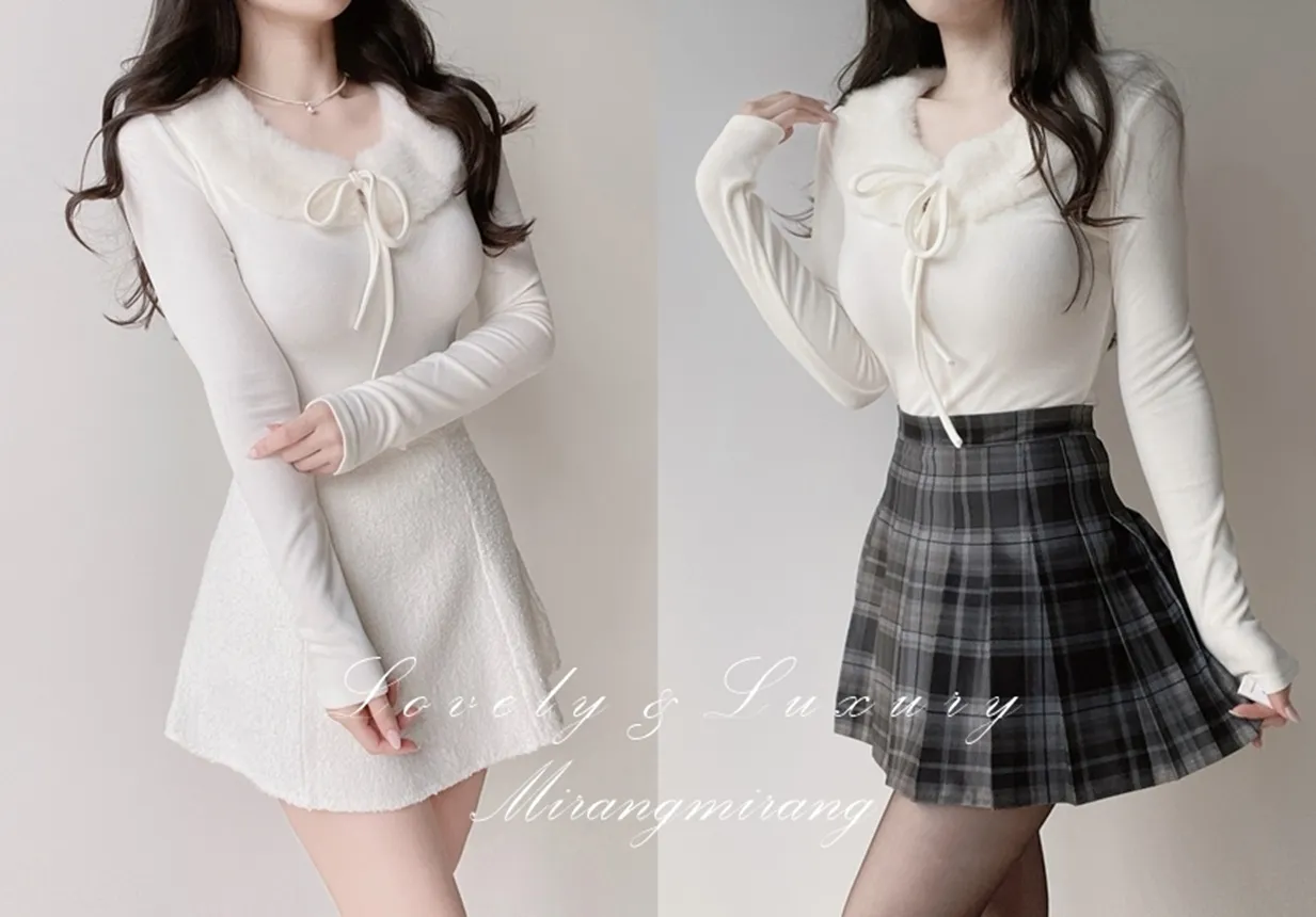 エコファーラウンドネックリボン長袖スリムTシャツ | mirangmirang | 詳細画像1