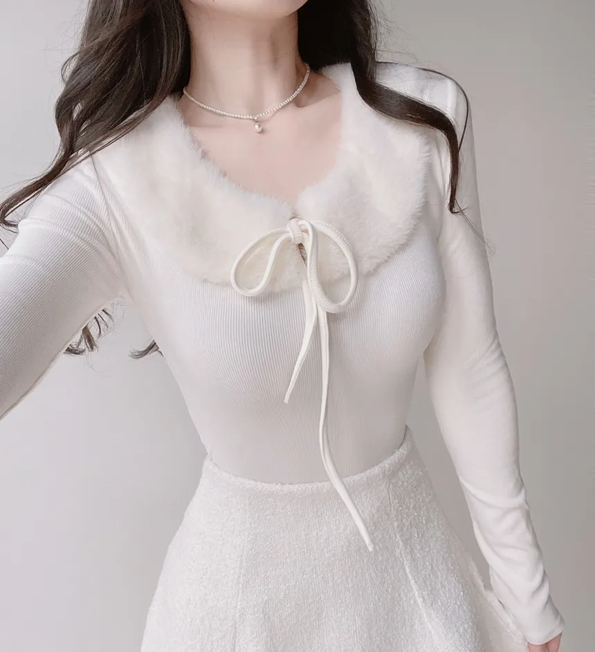 エコファーラウンドネックリボン長袖スリムTシャツ | mirangmirang | 詳細画像2