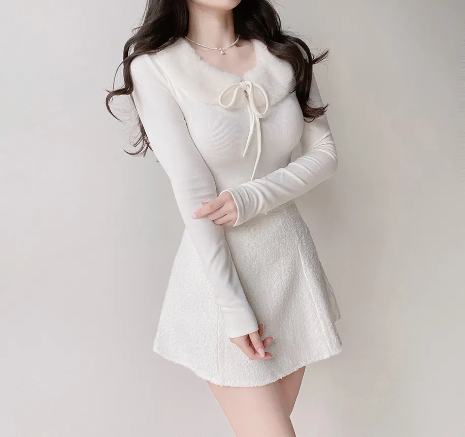 エコファーラウンドネックリボン長袖スリムTシャツ | mirangmirang | 詳細画像3