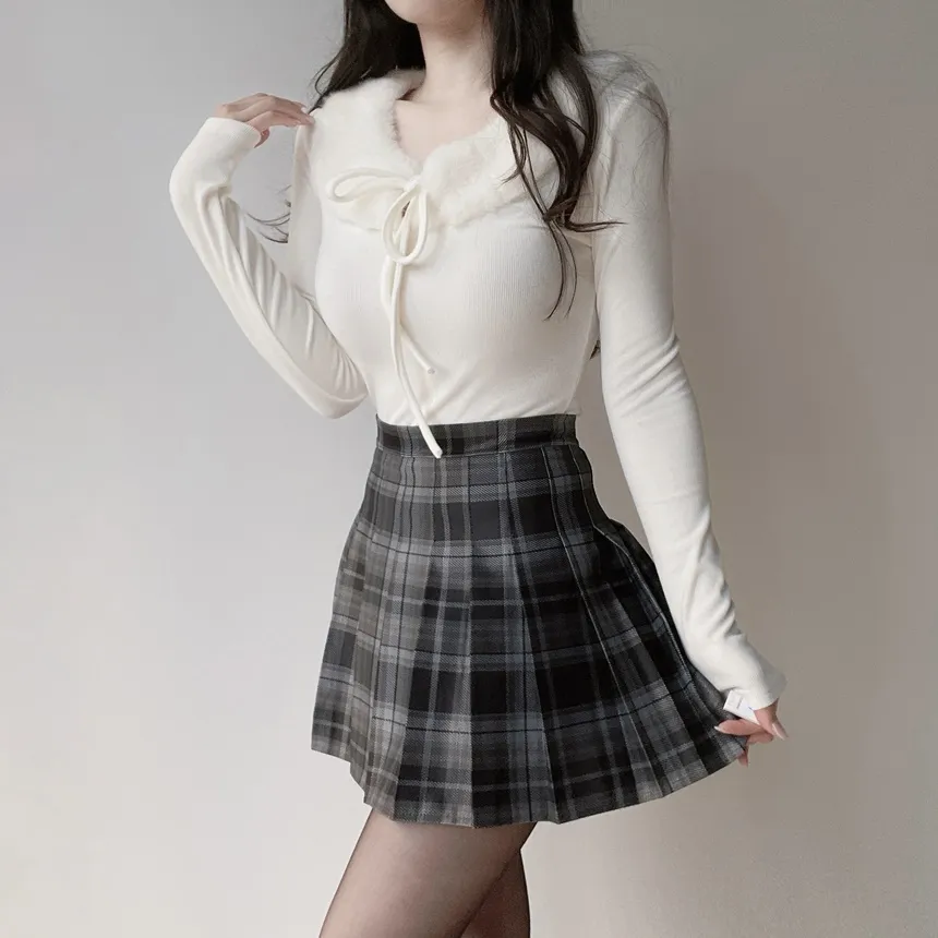 エコファーラウンドネックリボン長袖スリムTシャツ | mirangmirang | 詳細画像14