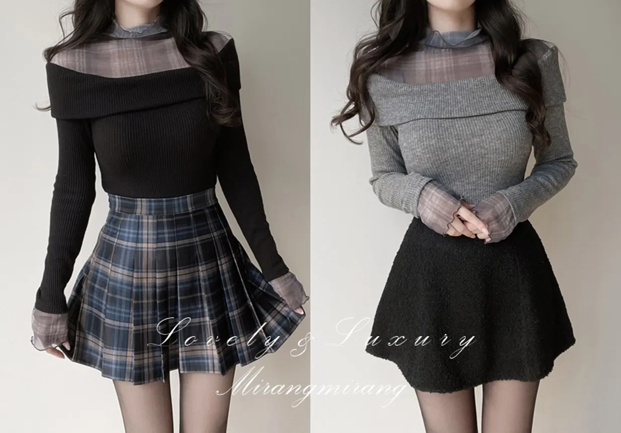 リブレイヤード風オフショルダーチェックTシャツ | mirangmirang | 詳細画像1