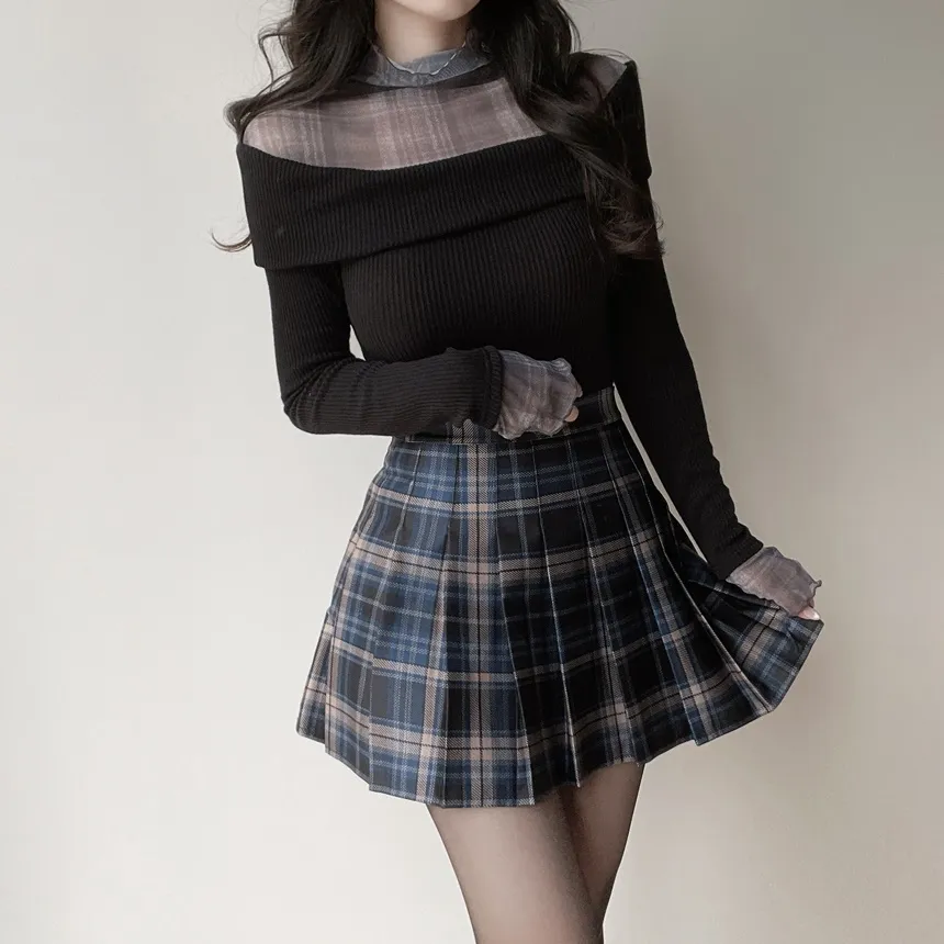 リブレイヤード風オフショルダーチェックTシャツ | mirangmirang | 詳細画像3