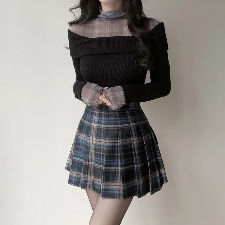 リブレイヤード風オフショルダーチェックTシャツ | mirangmirang | 詳細画像4