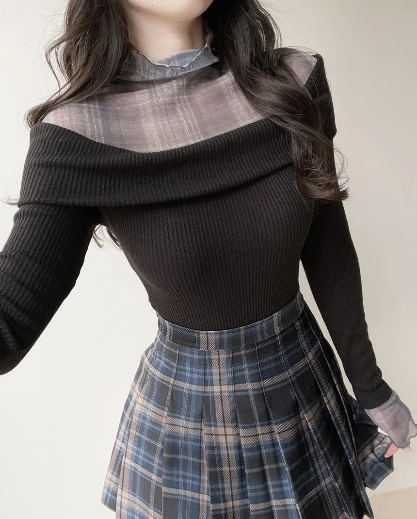 リブレイヤード風オフショルダーチェックTシャツ | mirangmirang | 詳細画像5