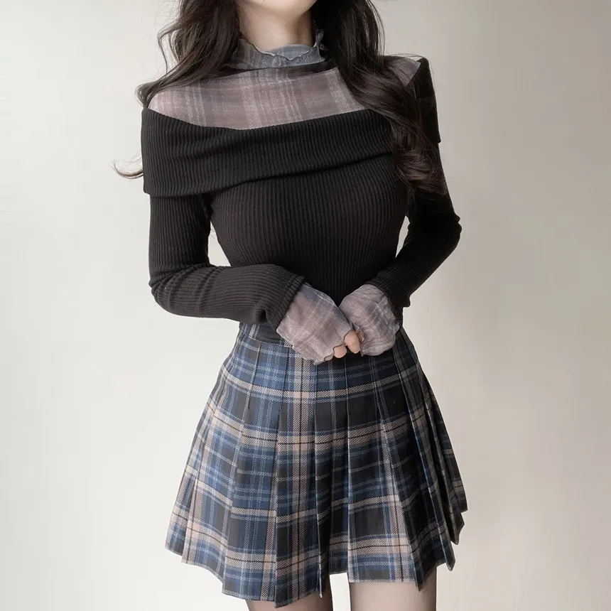 リブレイヤード風オフショルダーチェックTシャツ | mirangmirang | 詳細画像7