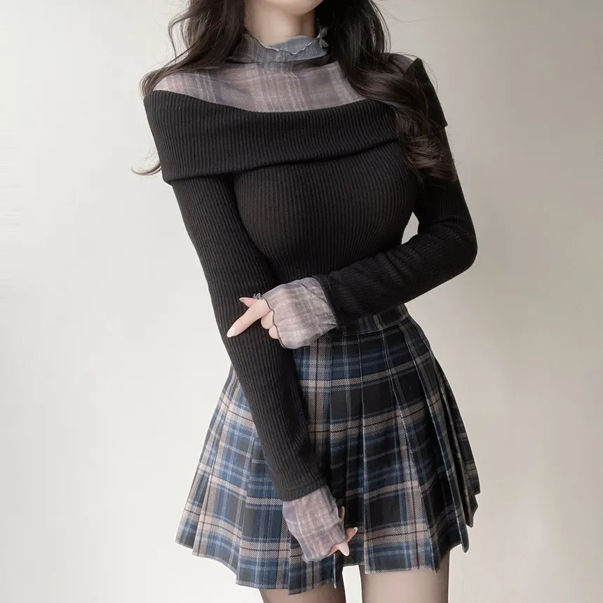 リブレイヤード風オフショルダーチェックTシャツ | mirangmirang | 詳細画像8