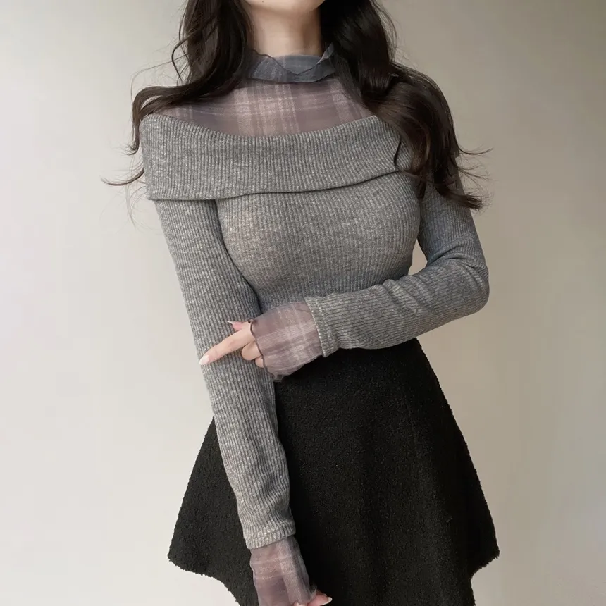 リブレイヤード風オフショルダーチェックTシャツ | mirangmirang | 詳細画像9