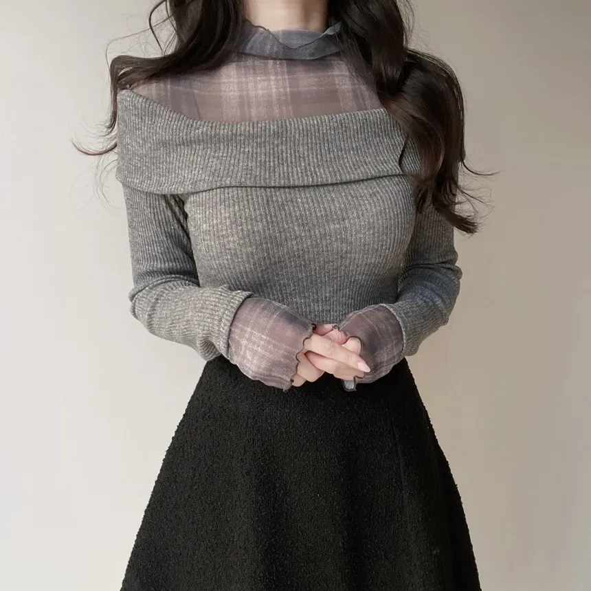 リブレイヤード風オフショルダーチェックTシャツ | mirangmirang | 詳細画像10