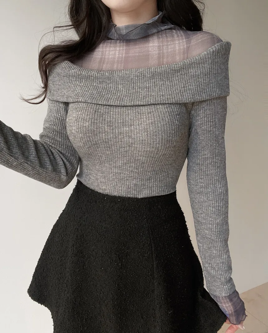 リブレイヤード風オフショルダーチェックTシャツ | mirangmirang | 詳細画像11