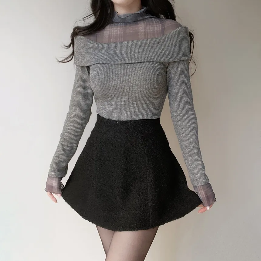 リブレイヤード風オフショルダーチェックTシャツ | mirangmirang | 詳細画像14