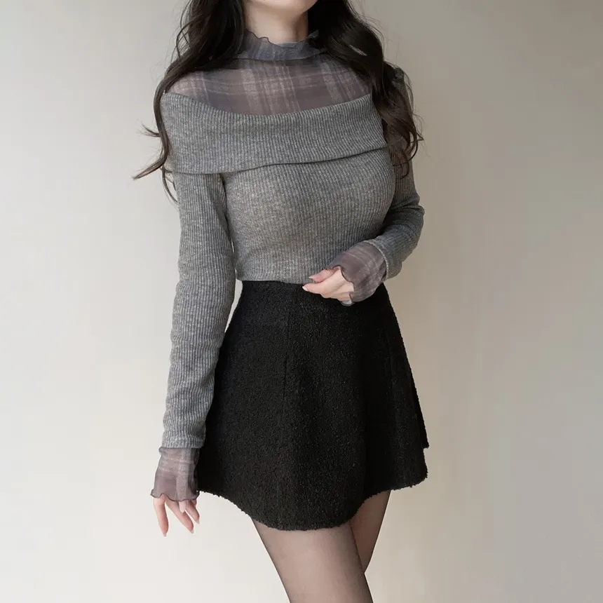 リブレイヤード風オフショルダーチェックTシャツ | mirangmirang | 詳細画像16