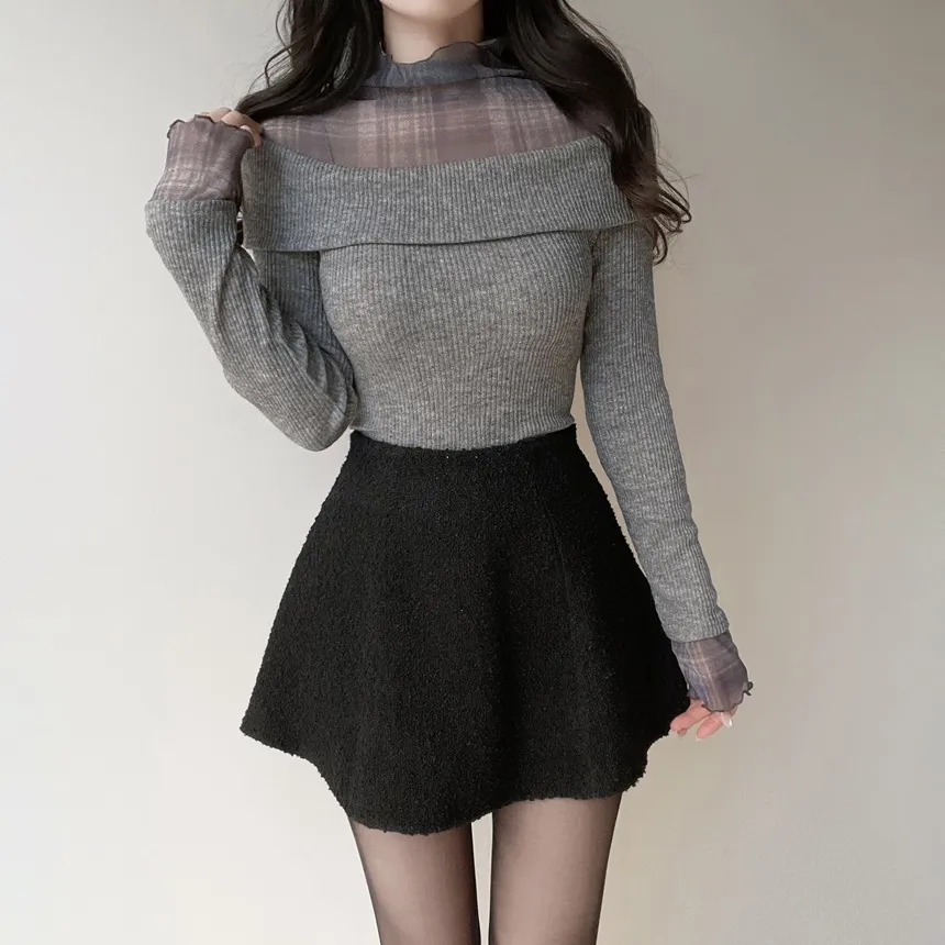 リブレイヤード風オフショルダーチェックTシャツ | mirangmirang | 詳細画像17