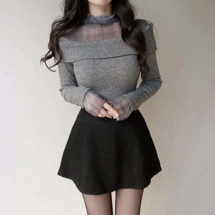 リブレイヤード風オフショルダーチェックTシャツ | mirangmirang | 詳細画像18