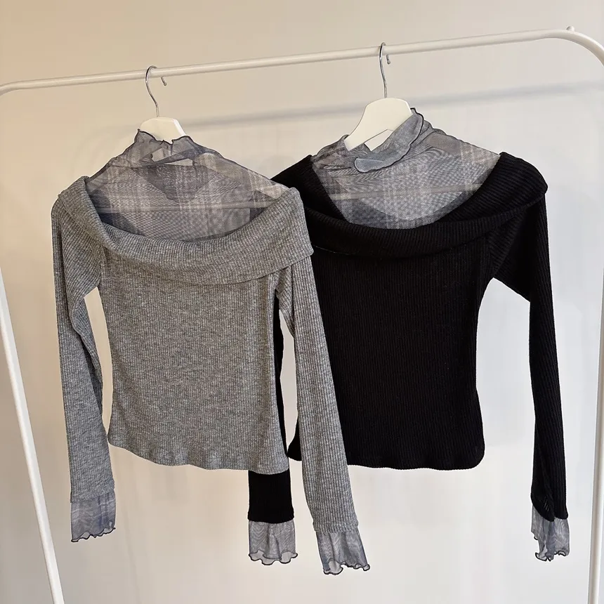 リブレイヤード風オフショルダーチェックTシャツ | mirangmirang | 詳細画像19