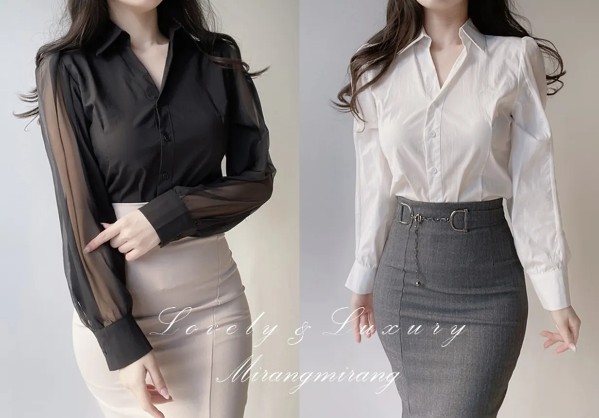 シースルーカラーVネックパフスリーブブラウス | mirangmirang | 詳細画像1