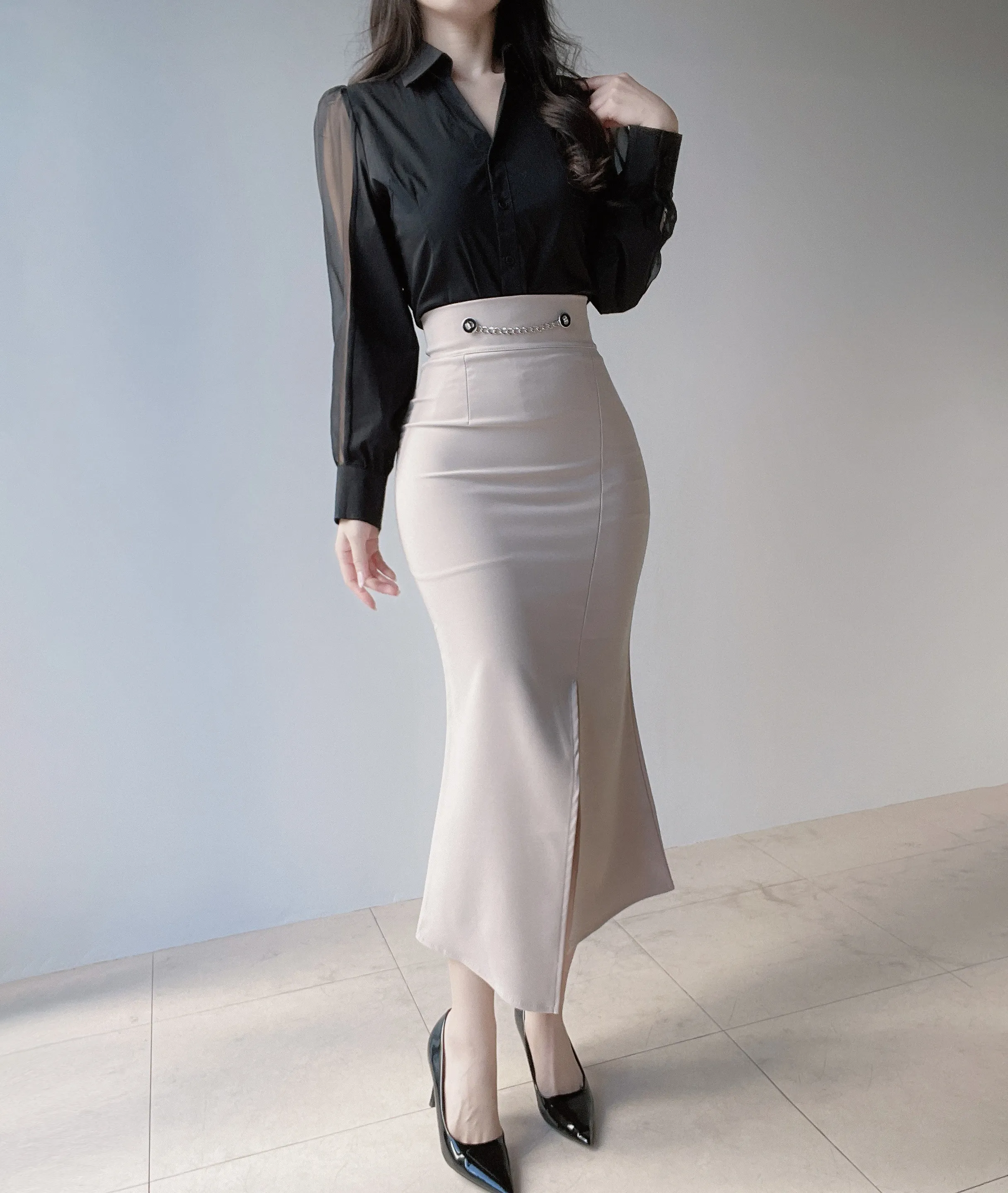 シースルーカラーVネックパフスリーブブラウス | mirangmirang | 詳細画像9