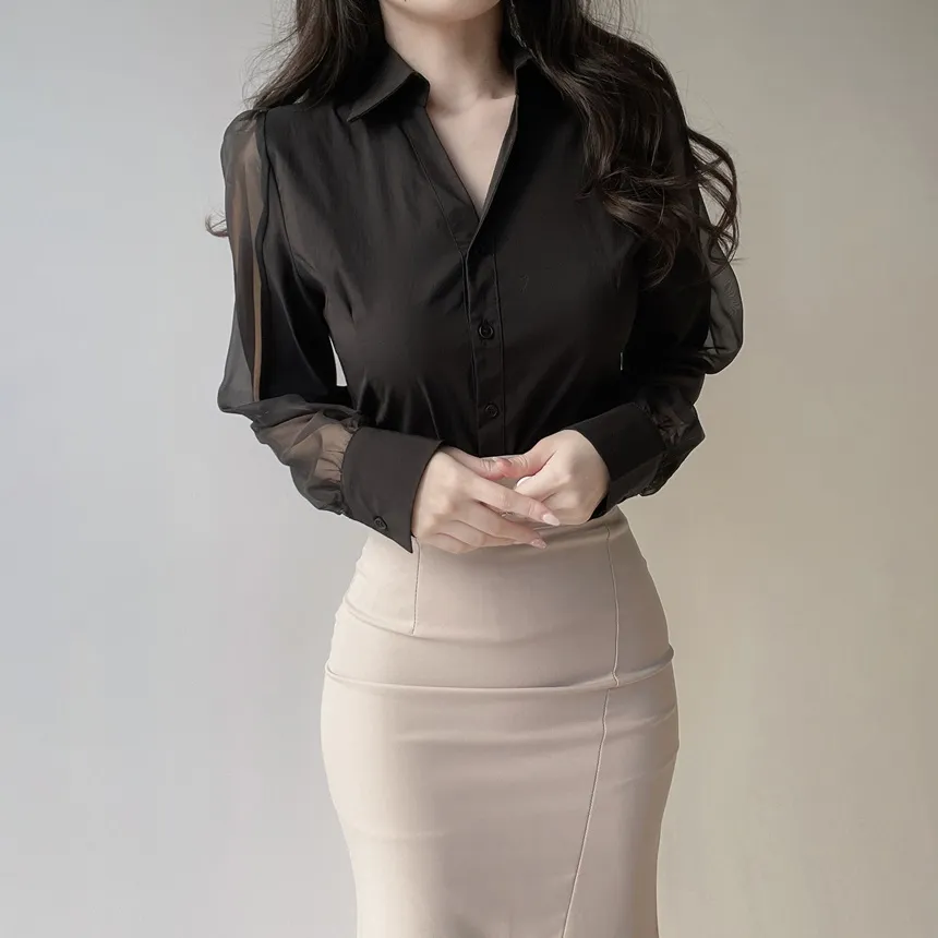 シースルーカラーVネックパフスリーブブラウス | mirangmirang | 詳細画像12