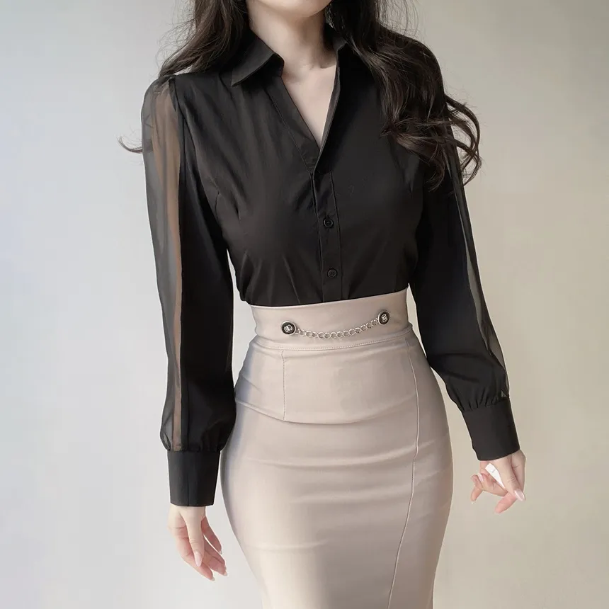 シースルーカラーVネックパフスリーブブラウス | mirangmirang | 詳細画像13