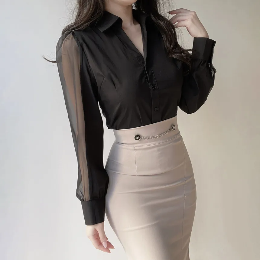 シースルーカラーVネックパフスリーブブラウス | mirangmirang | 詳細画像14