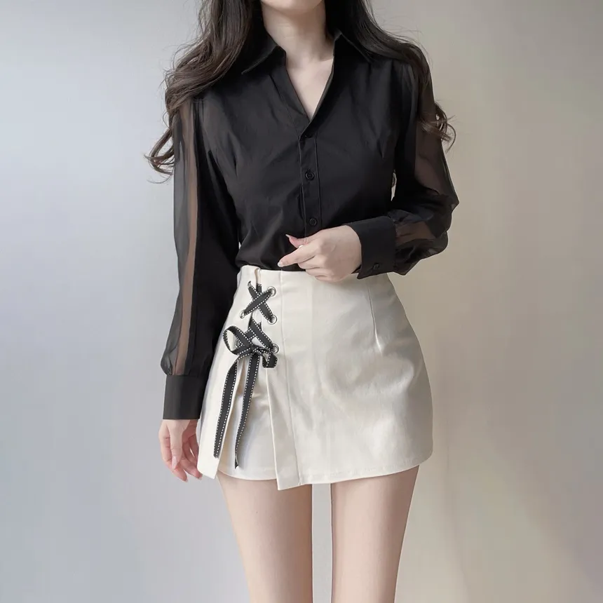 シースルーカラーVネックパフスリーブブラウス | mirangmirang | 詳細画像15