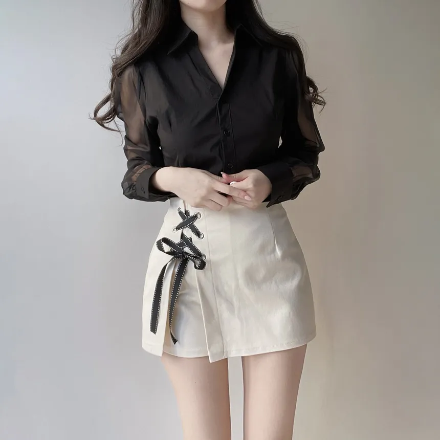 シースルーカラーVネックパフスリーブブラウス | mirangmirang | 詳細画像20