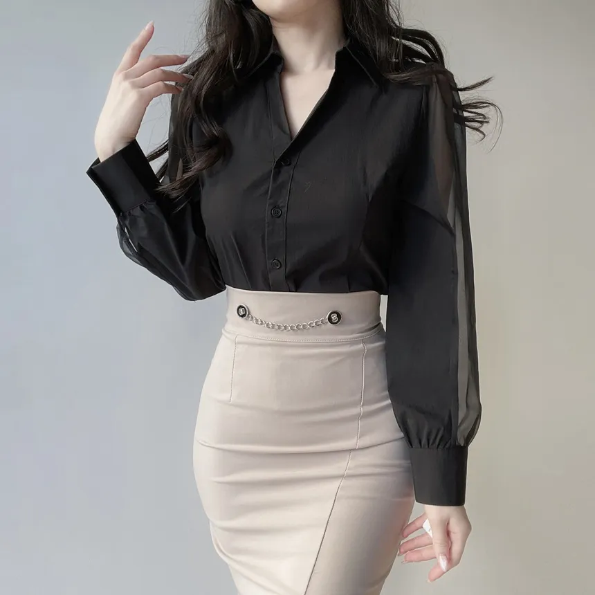 シースルーカラーVネックパフスリーブブラウス | mirangmirang | 詳細画像21