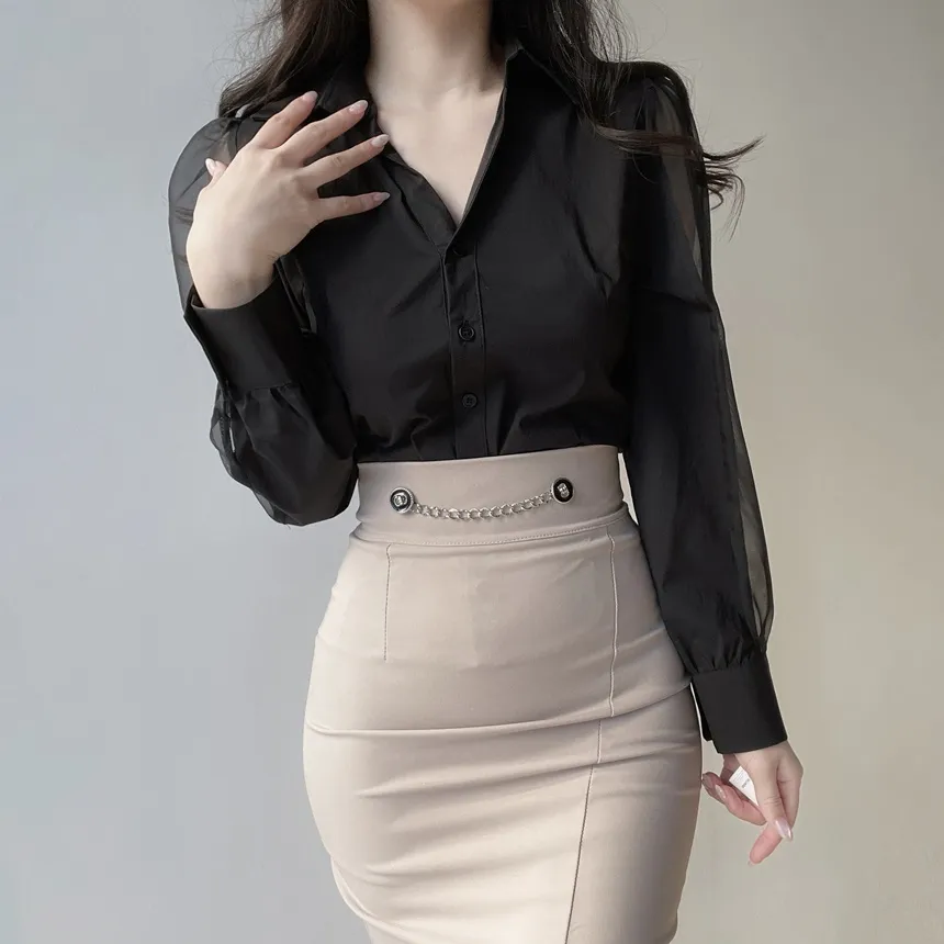 シースルーカラーVネックパフスリーブブラウス | mirangmirang | 詳細画像22