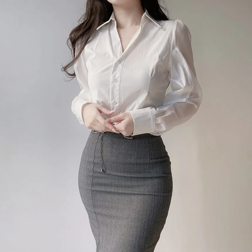 シースルーカラーVネックパフスリーブブラウス | mirangmirang | 詳細画像25