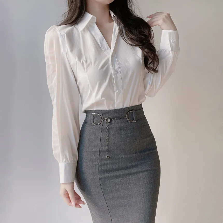 シースルーカラーVネックパフスリーブブラウス | mirangmirang | 詳細画像34