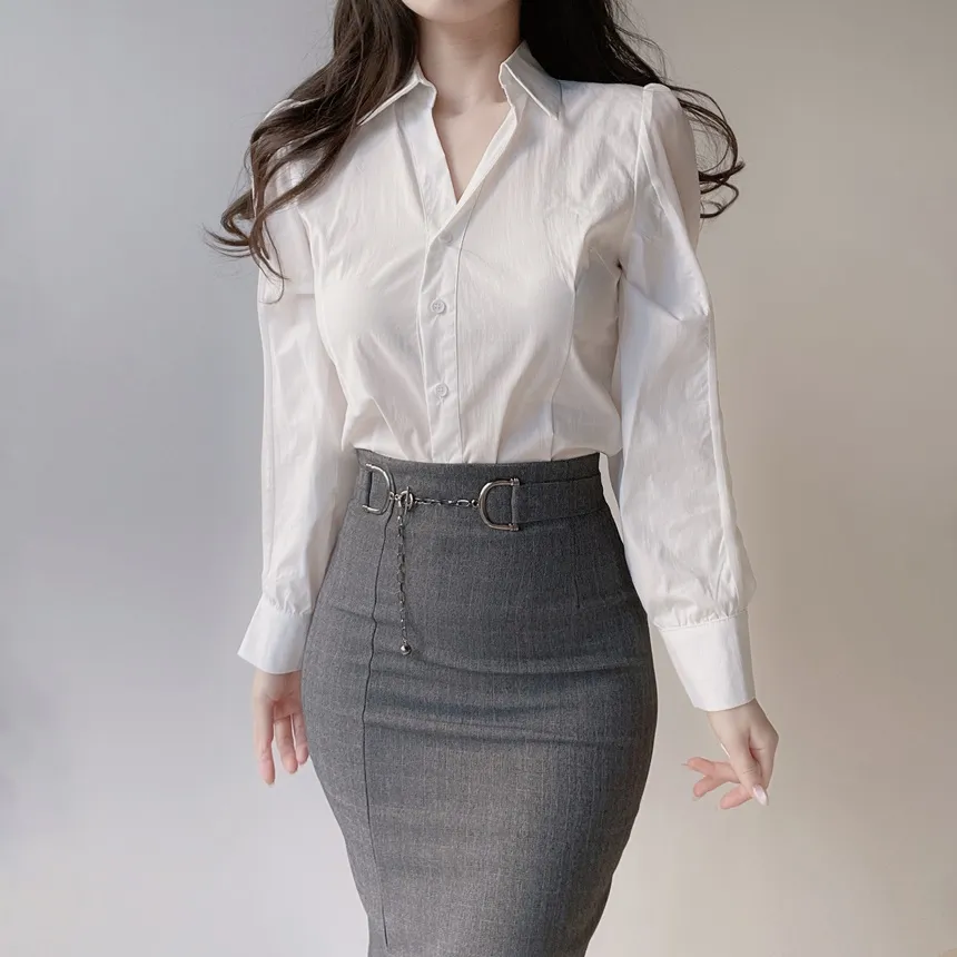 シースルーカラーVネックパフスリーブブラウス | mirangmirang | 詳細画像35