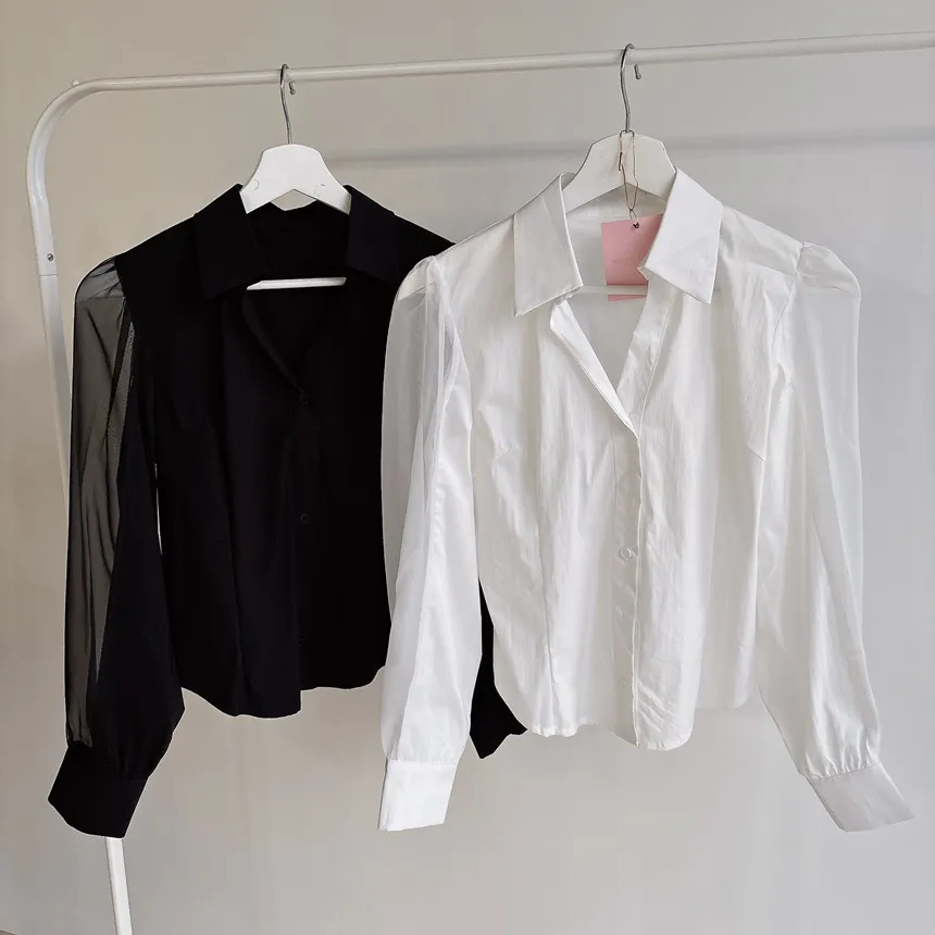 シースルーカラーVネックパフスリーブブラウス | mirangmirang | 詳細画像41