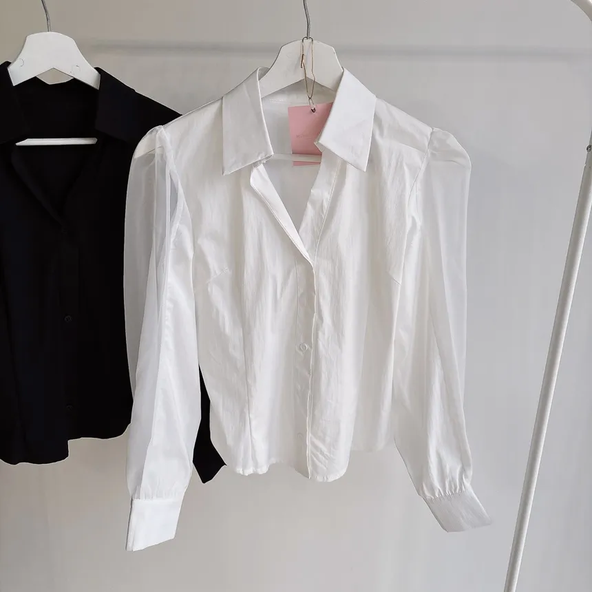 シースルーカラーVネックパフスリーブブラウス | mirangmirang | 詳細画像42