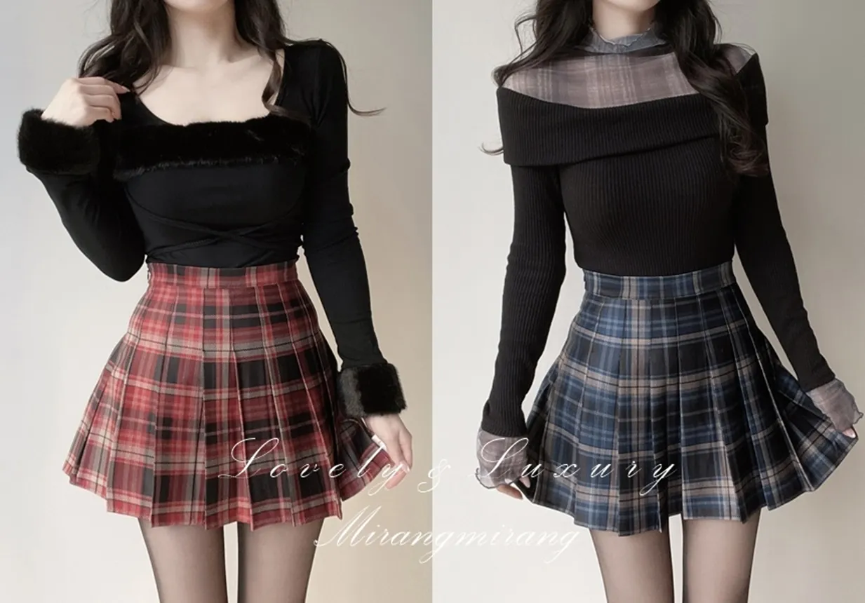 プリーツミニサイドジップAラインチェックスカート | mirangmirang | 詳細画像1