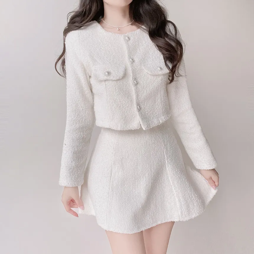 ツイードクロップドラウンドネックパール調ボタンフェイクポケットジャケット | mirangmirang | 詳細画像5