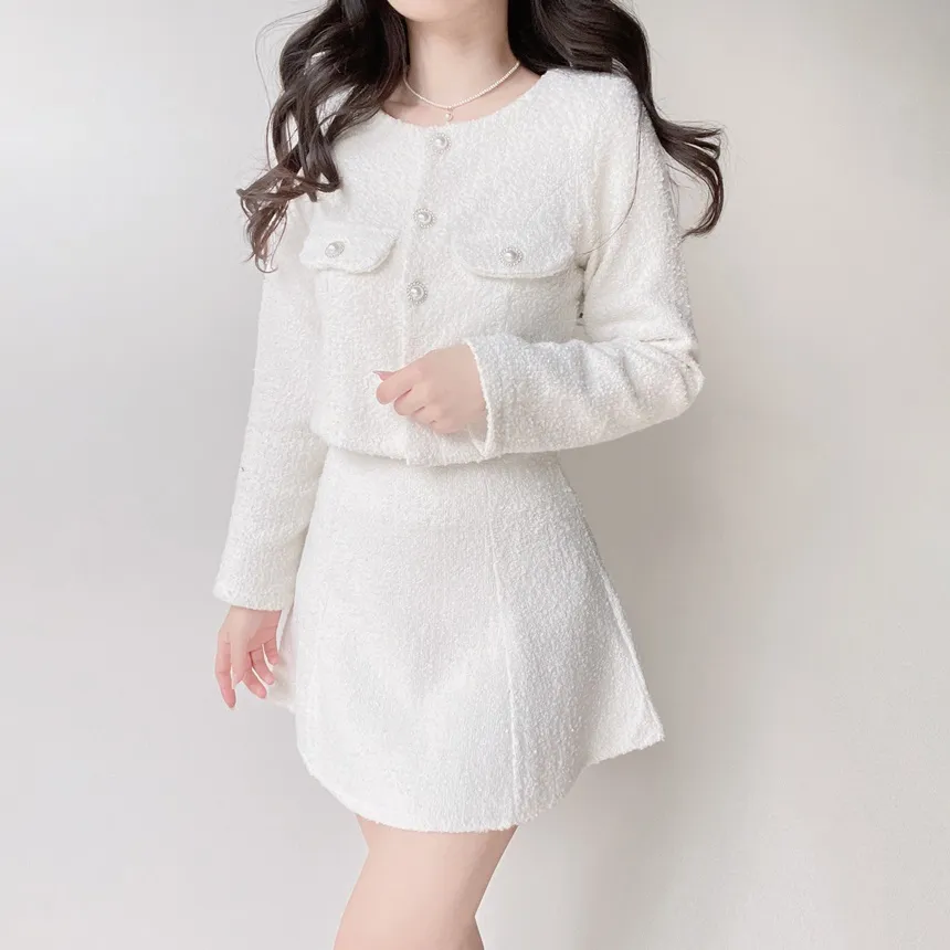 ツイードクロップドラウンドネックパール調ボタンフェイクポケットジャケット | mirangmirang | 詳細画像7