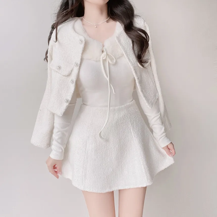 ツイードクロップドラウンドネックパール調ボタンフェイクポケットジャケット | mirangmirang | 詳細画像16