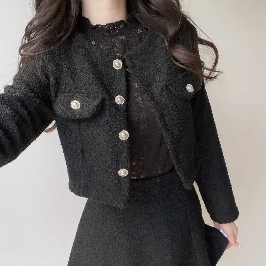 ツイードクロップドラウンドネックパール調ボタンフェイクポケットジャケット | mirangmirang | 詳細画像22