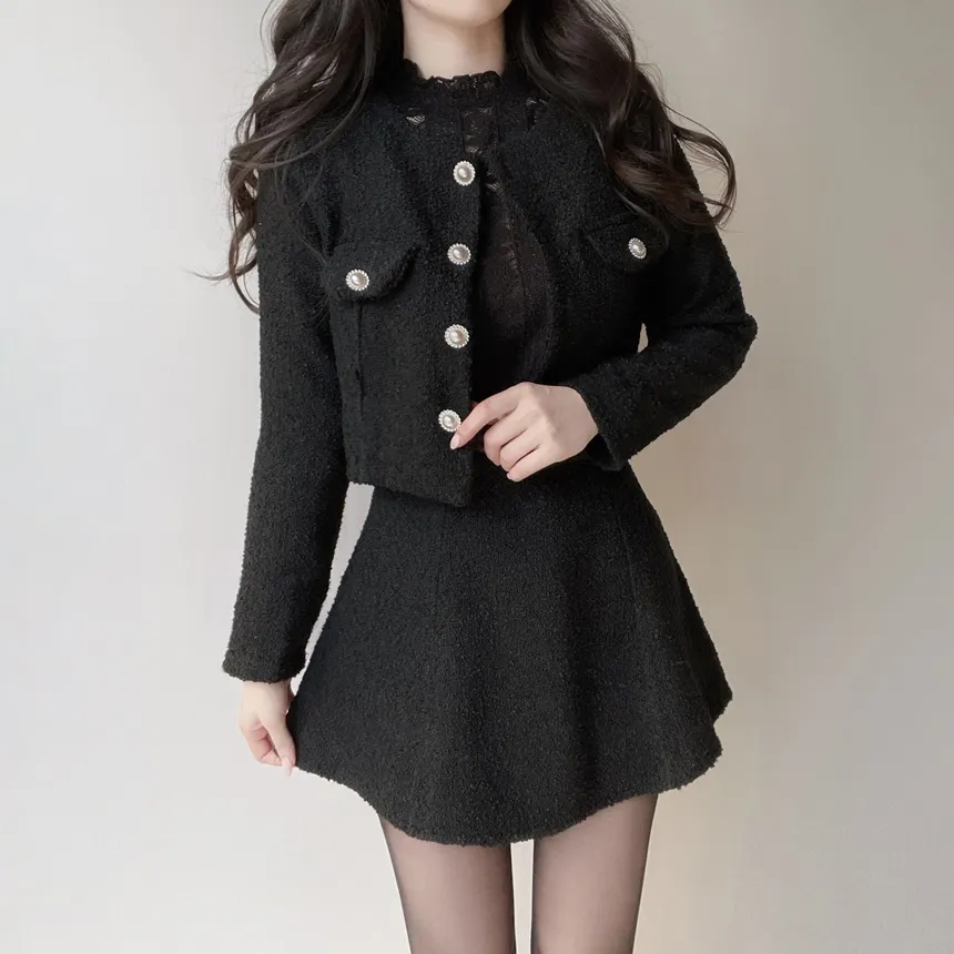 ツイードクロップドラウンドネックパール調ボタンフェイクポケットジャケット | mirangmirang | 詳細画像25