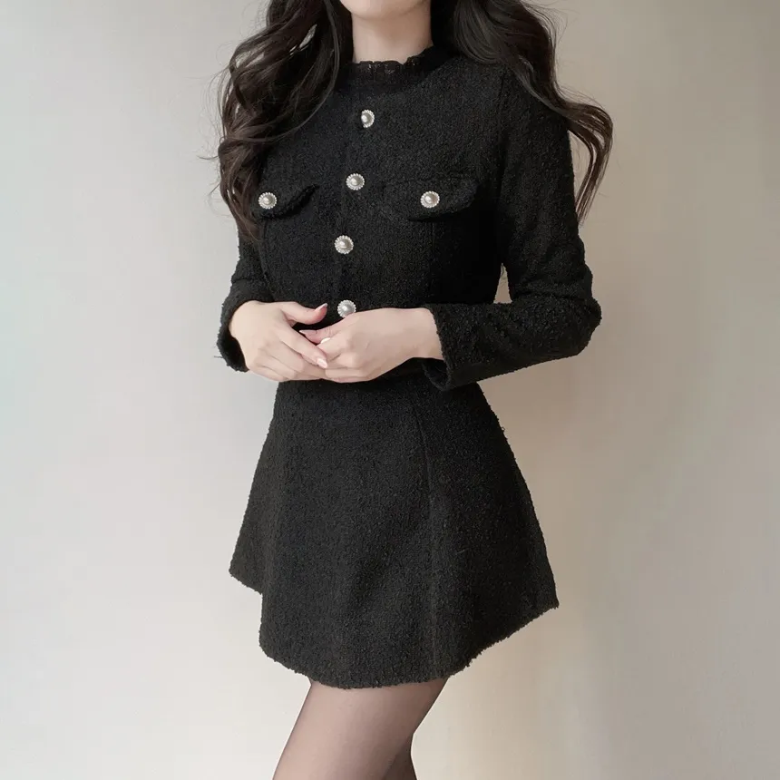 ツイードクロップドラウンドネックパール調ボタンフェイクポケットジャケット | mirangmirang | 詳細画像28