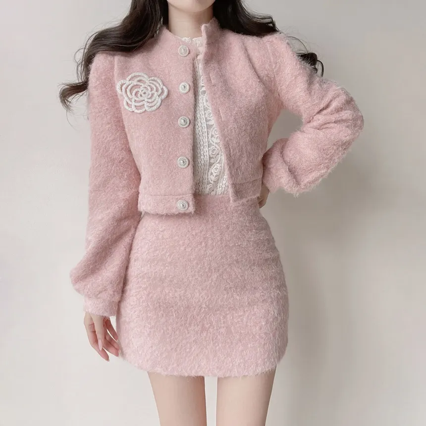 ラウンドネックパール調ボタンショート刺繍花柄ジャケット | mirangmirang | 詳細画像19