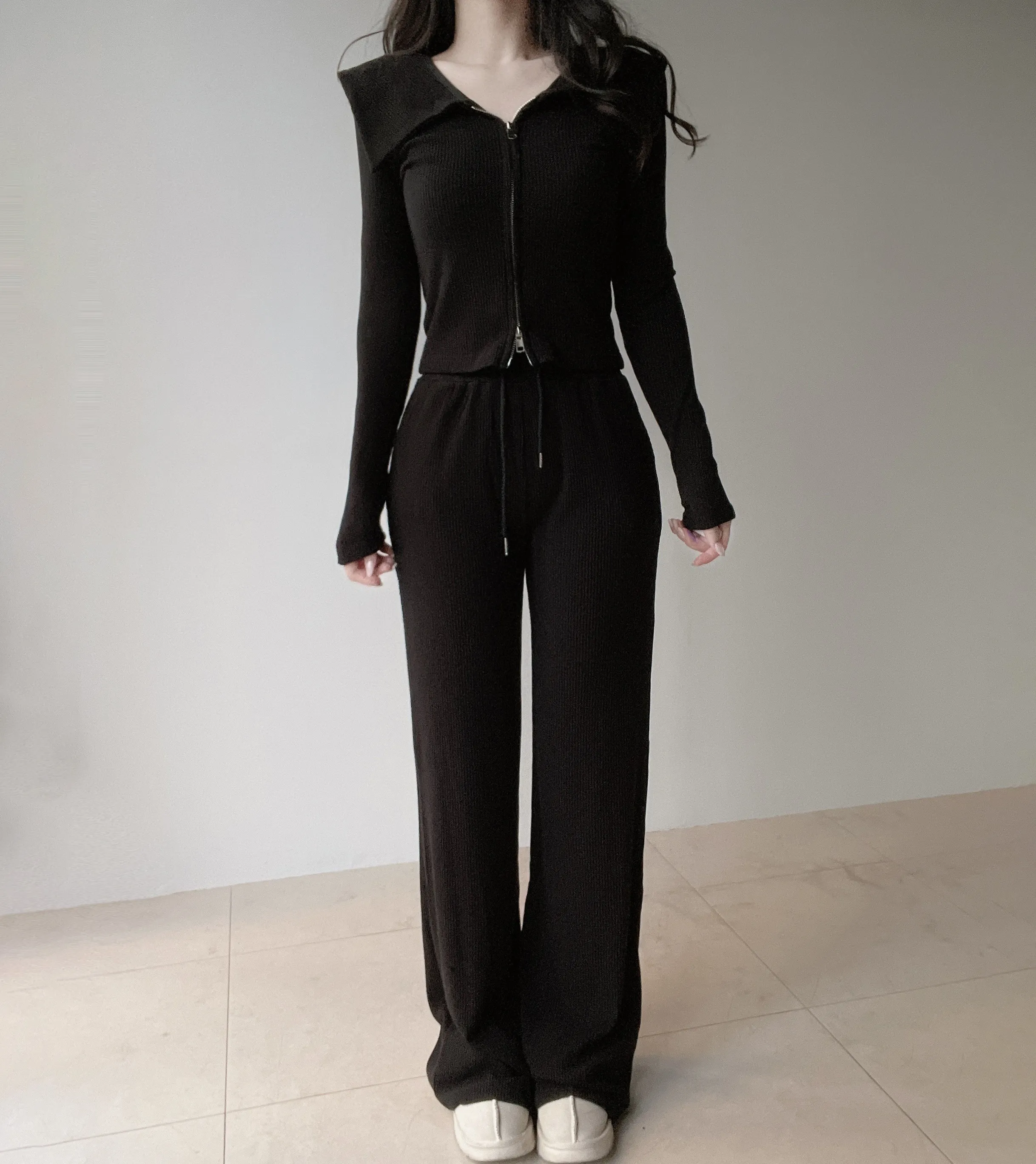 リブダブルジップウエストゴムドローストリングセーラーカラーセットアップ | mirangmirang | 詳細画像15