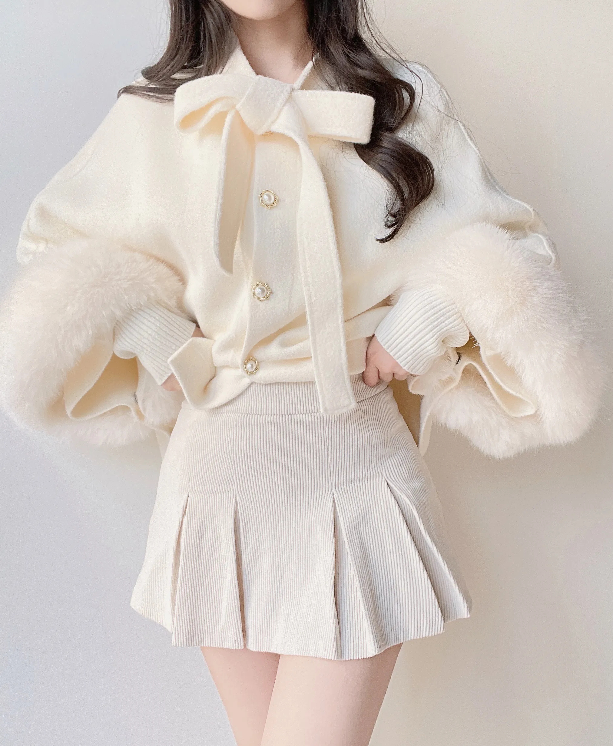 エコファーウール混リボンパール調ボタンコート | mirangmirang | 詳細画像5