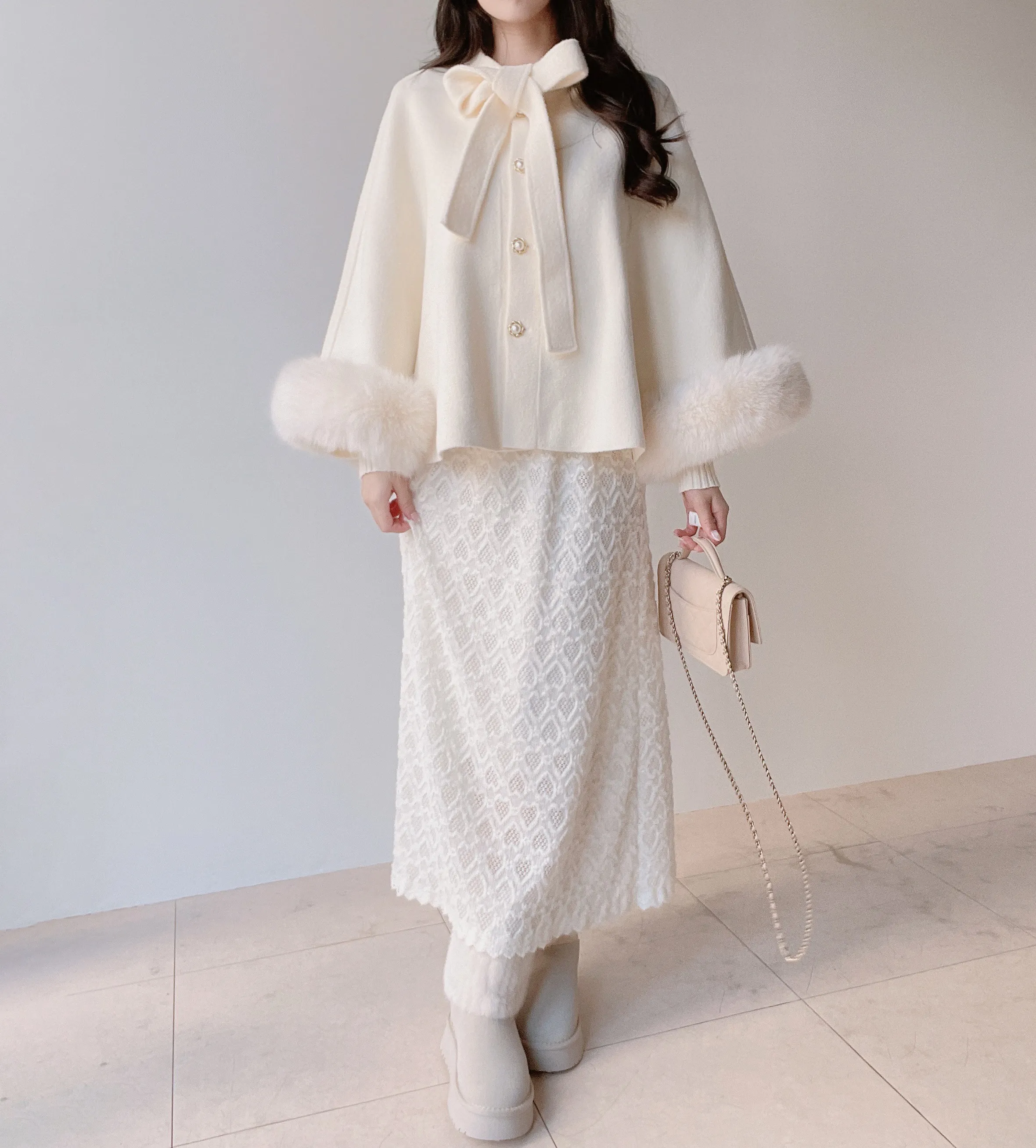 エコファーウール混リボンパール調ボタンコート | mirangmirang | 詳細画像8